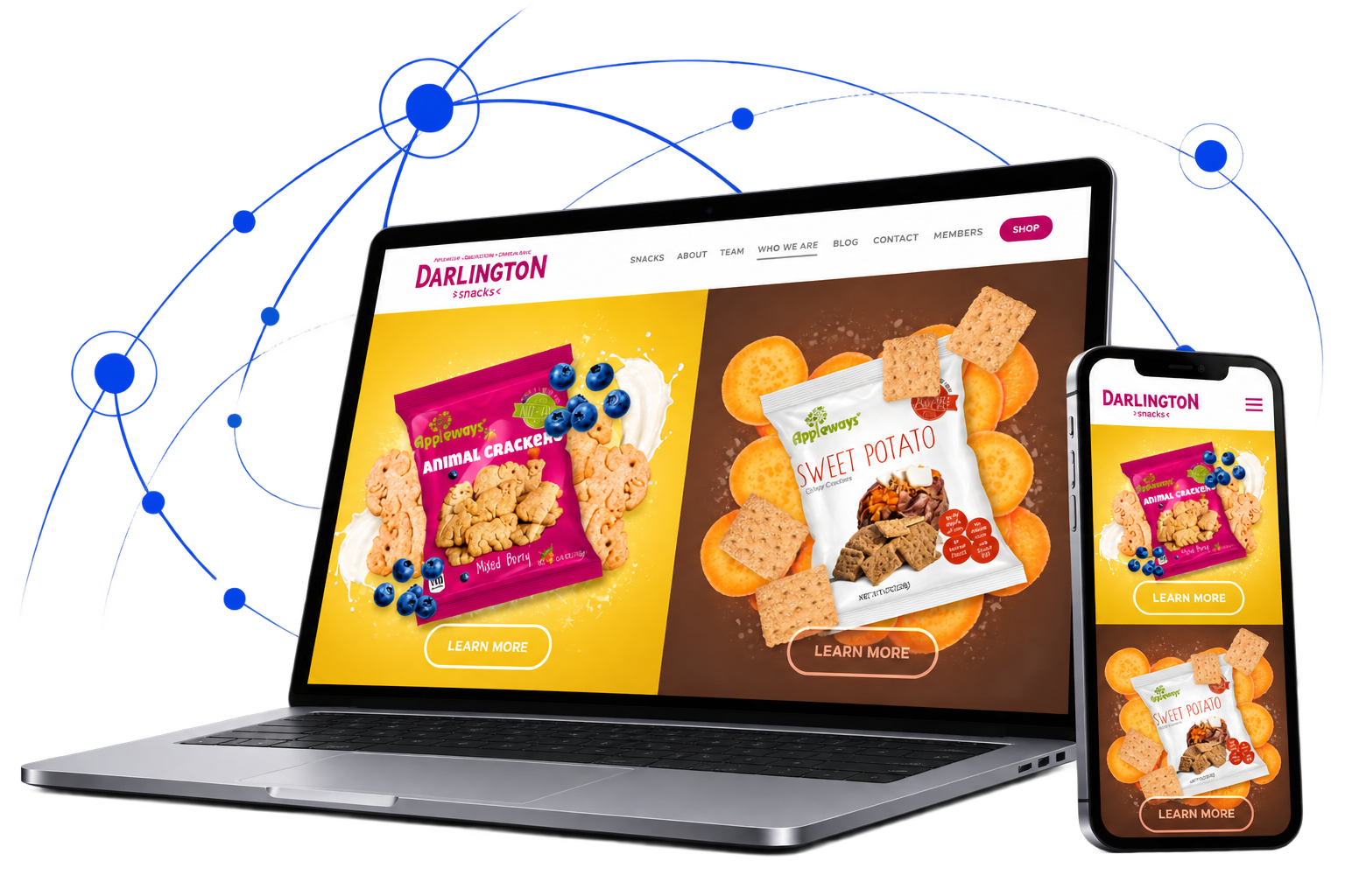 Darlington Snacks custom website design featuring Appleways snack products on responsive desktop and mobile devices.