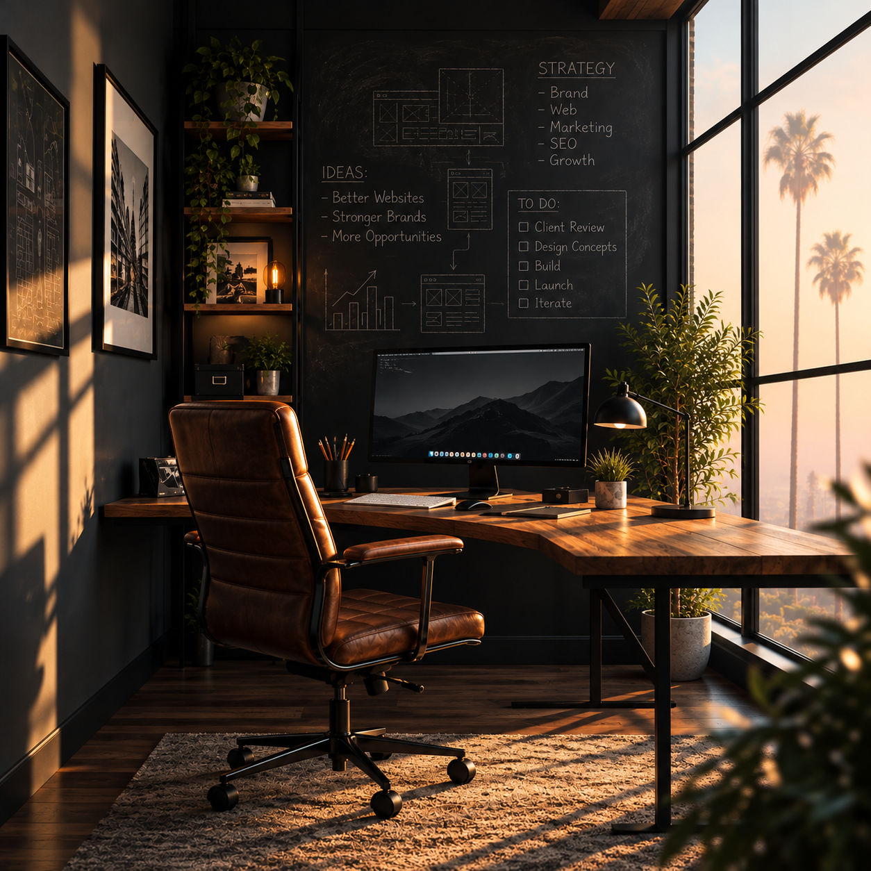 Modern creative web design workspace with a wooden desk, leather chair, and palm trees outside the window