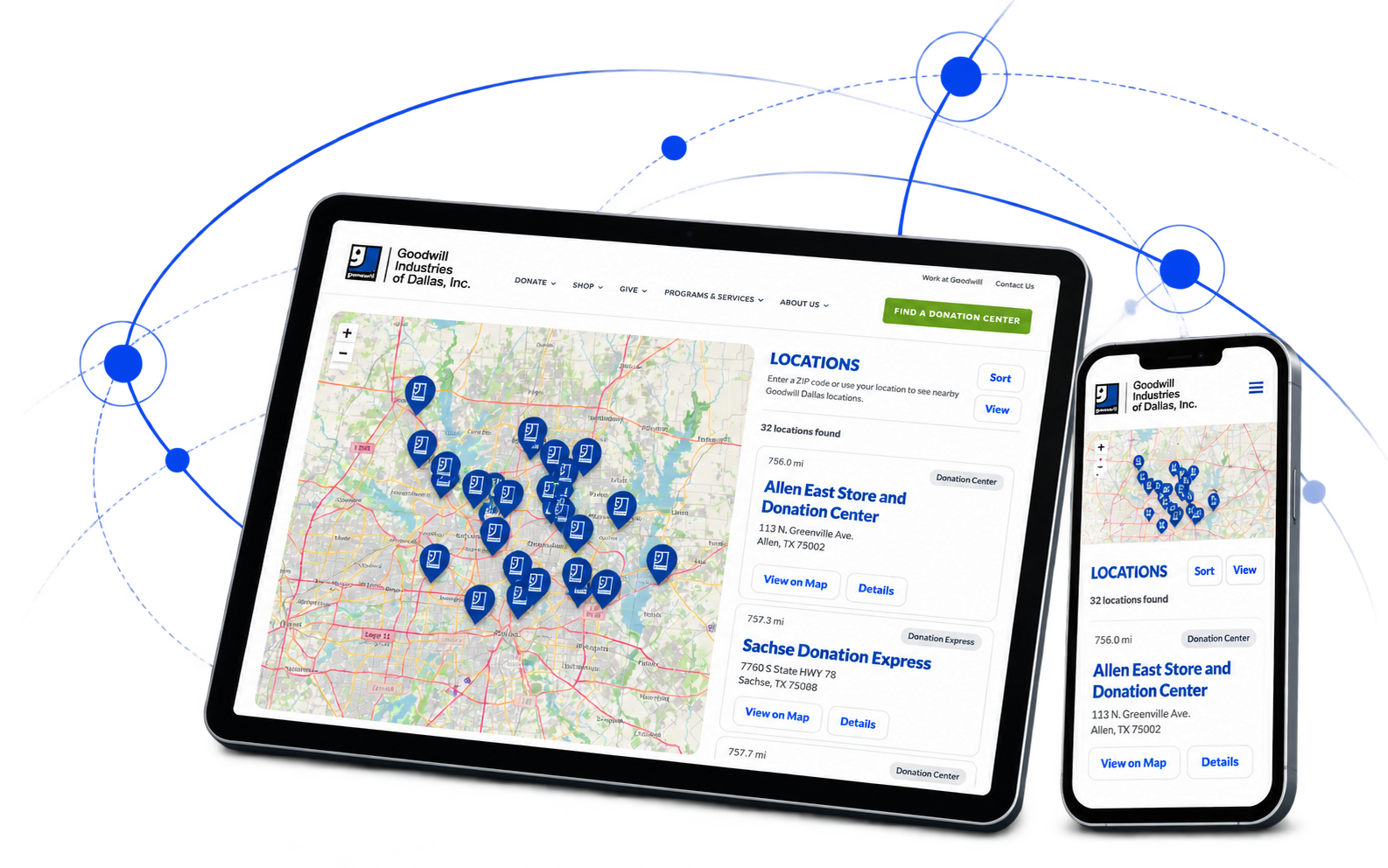 Custom Goodwill Dallas store and donation center locator featuring an interactive map and responsive tablet and mobile website design.