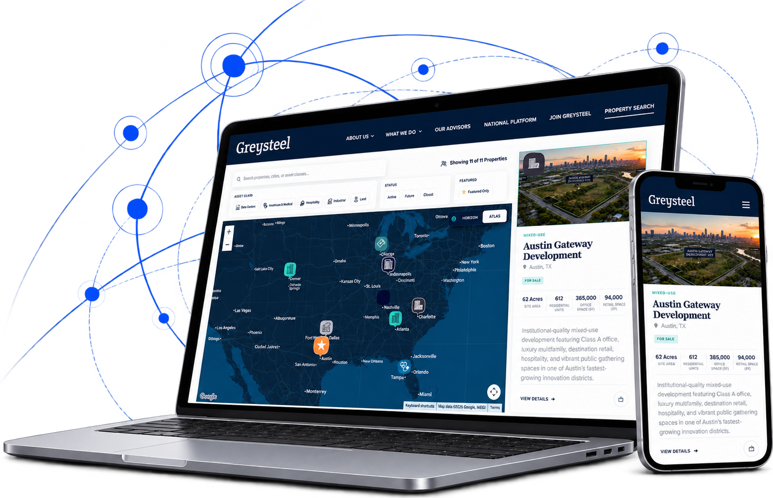 Greysteel Horizons real estate platform presented on desktop and mobile devices