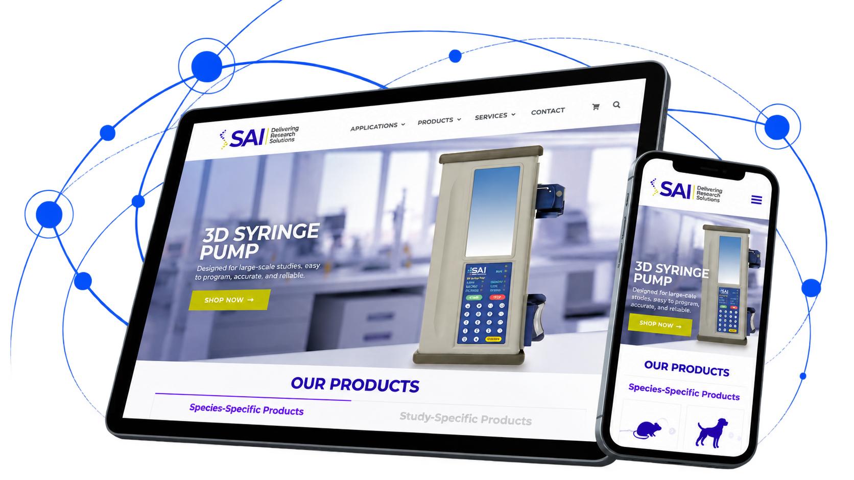 SAI Infusion custom WooCommerce website featuring laboratory research equipment displayed on responsive tablet and mobile devices.